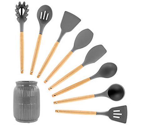 MegaChef 9 Piece Silicone and Wood Kitchen Uten sil Set