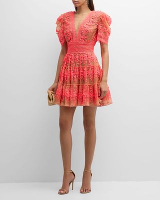 Megan Tiered Puff-Sleeve Lace Mini Dress