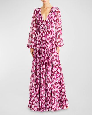 Melanie Pleated Floral-Print Chiffon Gown