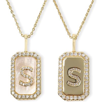 Melinda Maria Love Letters Double Sided Mother-of-Pearl Initial Pendant Necklace in White Cubic Zirconia/Gold - S 