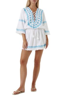 Melissa Odabash Martina Embroidered Lace-Up Linen & Cotton Cover-Up Dress in White/Aqua