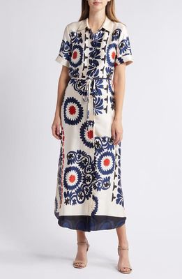 MELLODAY Abstract Floral Satin Shirtdress in Bone/Navy Print 