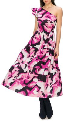 MELLODAY Abstract Print Tiered One-Shoulder Midi Dress in Black Fuchsia Floral