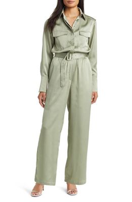 MELLODAY Belted Long Sleeve Satin Utility Jumpsuit in Olive