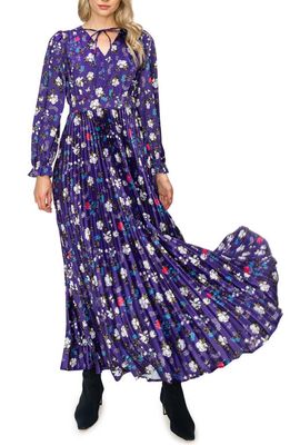 MELLODAY Floral Long Sleeve Pleat Satin Dress in Purple Print