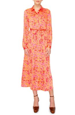 MELLODAY Floral Long Sleeve Tie Belt Satin Shirtdress in Pink/Coral