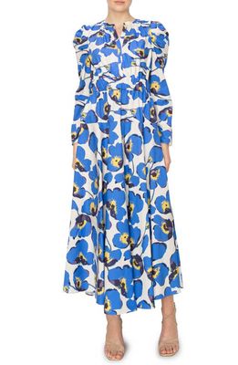 MELLODAY Floral Print Belted Long Sleeve A-Line Dress in Bone Blue