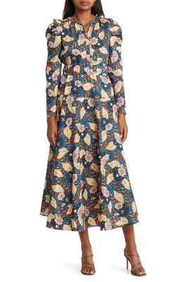 MELLODAY Floral Print Belted Long Sleeve A-Line Dress in Dark Blue Print
