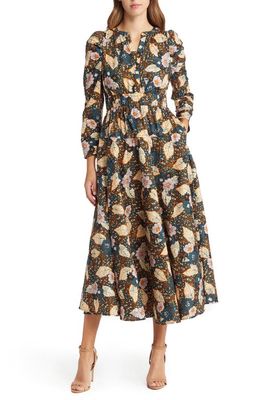 MELLODAY Floral Print Belted Long Sleeve A-Line Dress in Navy Multi