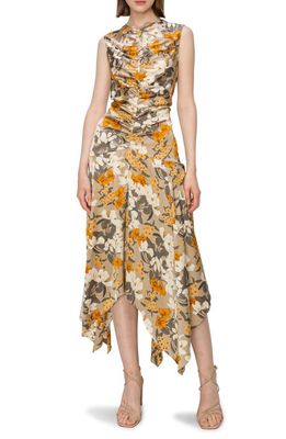 MELLODAY Floral Print Ruched Satin Midi Dress in Grey Orange Floral Print