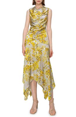 MELLODAY Floral Print Ruched Satin Midi Dress in Grey Yellow Floral