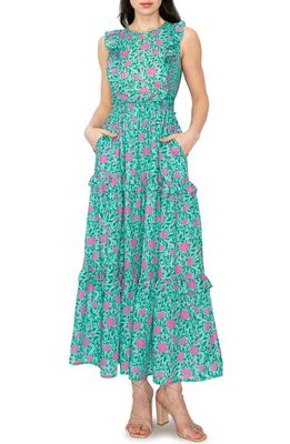 MELLODAY Floral Print Ruffle Sleeveless Maxi Dress in Pink/Green