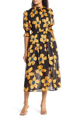 MELLODAY Floral Puff Sleeve Pleated Midi Dress in Black/yellow As