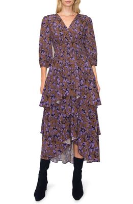 MELLODAY Floral Tiered Midi Dress in Brown Purple Print