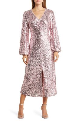 MELLODAY Long Sleeve Sequin Midi Dress in Pink