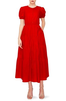 MELLODAY Puff Sleeve Button Front Midi Linen Blend Fit & Flare Dress in Red