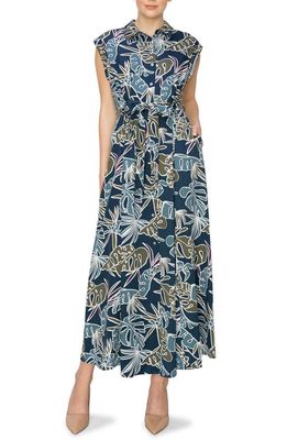 MELLODAY Tropical Print Extended Shoulder Shirtdress in Navy Tropical