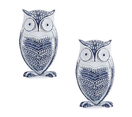 Melrose 6.5" Whitewashed Owl Decor with Blue Fl oral Design