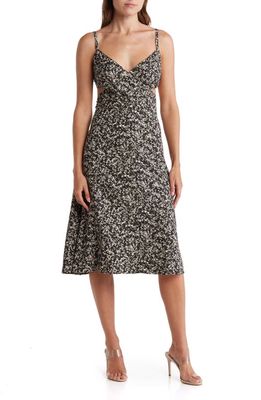 Melrose and Market Cross Front Cutout Midi Dress in Black Jet Layered Blossom