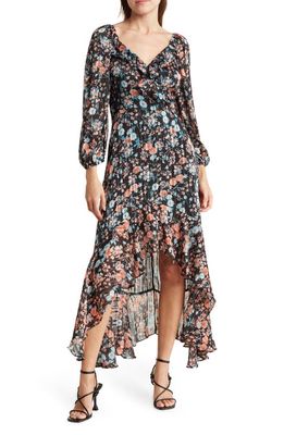 Melrose and Market Pleated Long Sleeve High-Low Dress in Black Floral In Bloom