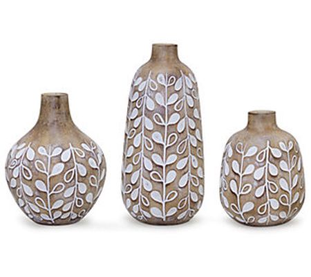 Melrose Leaf Patterned Vase w/Wood Design - Set of 3