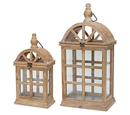 Melrose White-Washed Wooden Lantern w/Rounded T op - Set of Two