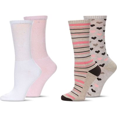 MeMoi Assorted 4-Pack Diabetic Crew Socks in Beige/Pink/White 