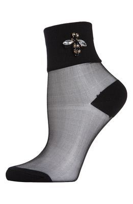 MEMOI Queen Bee Rhinestone Sheer Anklet Socks in Black