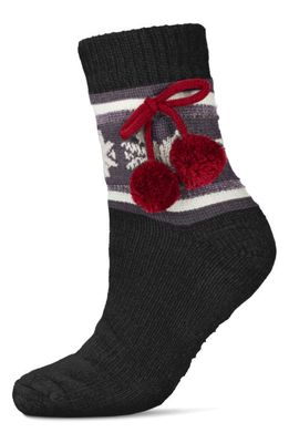 MeMoi Snowflake Pompom Fleece Lined Slipper Socks in Black