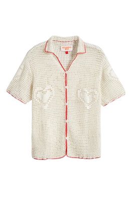 MEMORIAL DAY Pramuka Crochet Cotton Button-Up Shirt in Ecru/Red