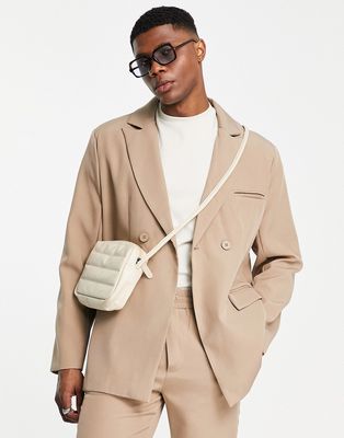 Mennace double breasted suit jacket in beige-Neutral