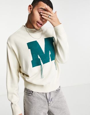 Mennace varsity knitted sweater in off white with green embroidery