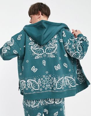 Mennace zip through hoodie in forest green paisley - part of a set