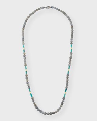 Men's 18K Gold and Artifact Teal Patina Labradorite Beaded Necklace