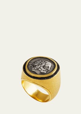 Men's 18K Gold Authentic Jupiter Coin Ring with Black Diamonds