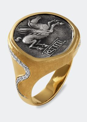 Men's 18K Gold Pegasus Coin Ring w/ Diamonds