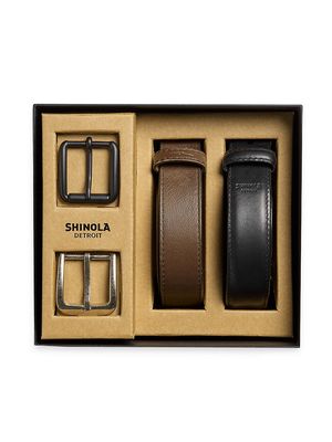 Men's 2-Piece Leather Belt Gift Set - Black Brown - Size 32 - Black Brown - Size 32