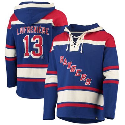 Men's '47 Alexis Lafreniere Blue New York Rangers Player Name & Number Lacer Pullover Hoodie