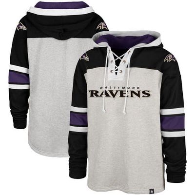 Men's '47 Baltimore Ravens Heather Gray Gridiron Lace-Up Pullover Hoodie