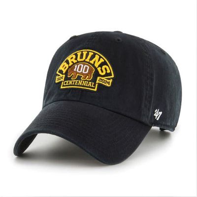 Men's '47 Black Boston Bruins 100th Anniversary Collection Core Logo Clean Up Adjustable Hat