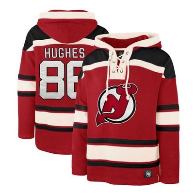 Men's '47 Jack Hughes Red New Jersey Devils Player Lacer Pullover Hoodie