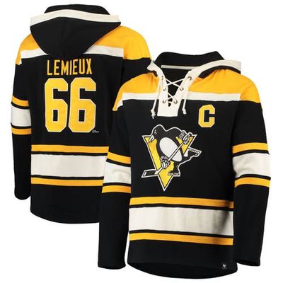Men's '47 Mario Lemieux Black Pittsburgh Penguins Retired Player Name & Number Lacer Pullover Hoodie