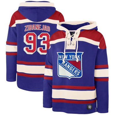 Men's '47 Mika Zibanejad Blue New York Rangers Player Name & Number Lacer Pullover Hoodie