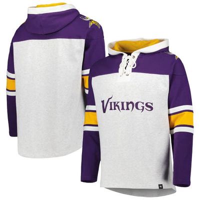 Men's '47 Minnesota Vikings Heather Gray Gridiron Lace-Up Pullover Hoodie