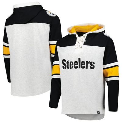 Men's '47 Pittsburgh Steelers Heather Gray Gridiron Lace-Up Pullover Hoodie