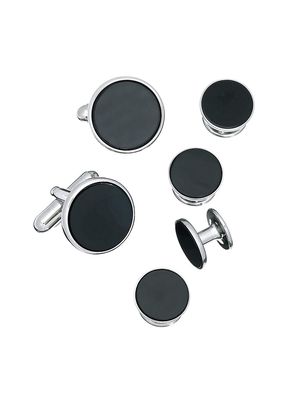 Men's 6-Piece Enamel Round Stud & Cufflink Set - Black Silver - Black Silver