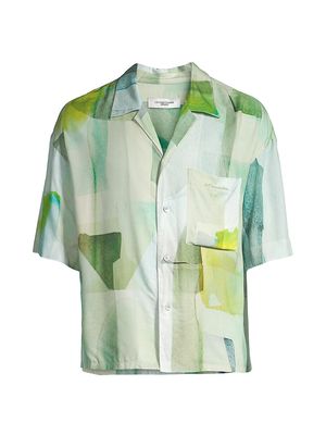 Men's Abstract-Print Short-Sleeve Shirt - Green - Size 36 - Green - Size 36