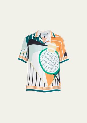 Men's Abstract Tennis-Print Silk Camp Shirt