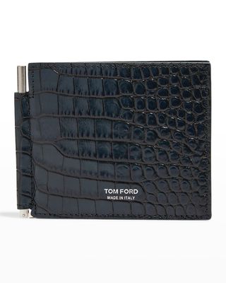 Men's Alligator Print T-Line Leather Money Clip Wallet