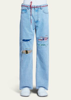 Men's Allover-Rip Mohair Patch Straight-Leg Jeans